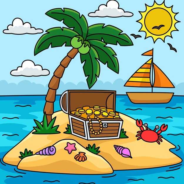 Vector this cartoon clipart shows an island summer with a treasure chest illustration