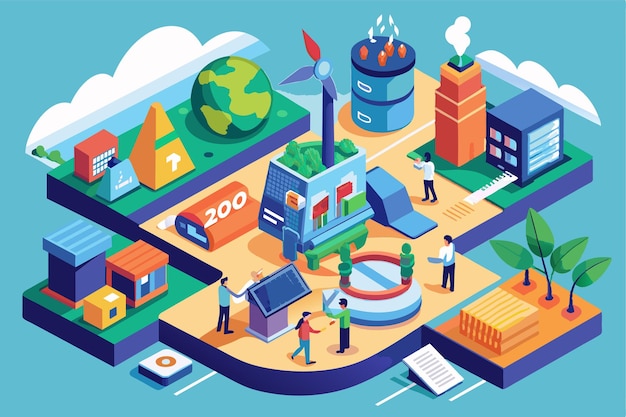 Vector this colorful illustration showcases various renewable energy elements promoting a net zero environment net zero customizable isometric illustration