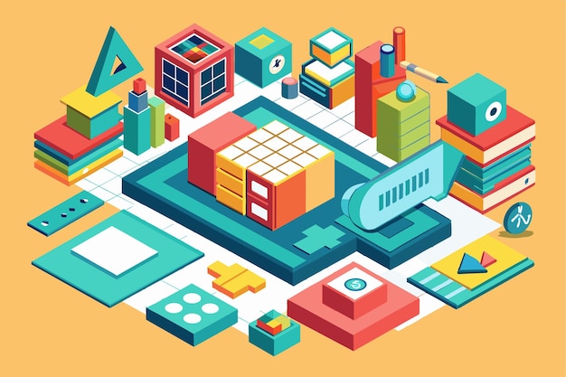 This colorful isometric illustration showcases various mathematics tools symbols and elements for creative learning Mathematics Customizable Isometric Illustration