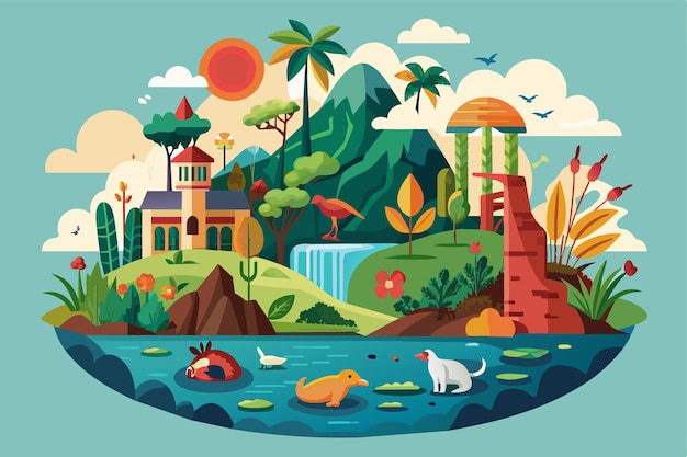 Vector this colorful landscape showcases various flora and fauna highlighting the importance of biodiversity conservation loss of biodiversity customizable flat illustration