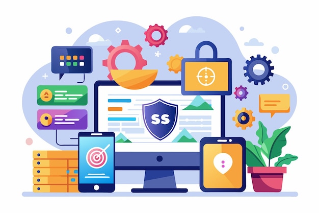 This creative concept illustrates SSL features prominently with devices icons and engaging visuals Creative concept for SSL with flat illustrations