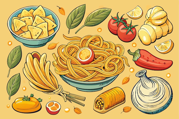 Vector this creative sketch features various italian pasta dishes alongside fresh herbs and ingredients arranged artfully italian pasta sketch set