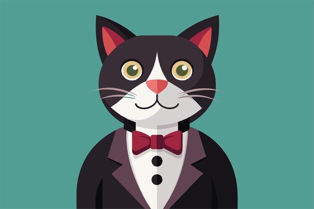 This delightful tuxedo cat dressed in a bowtie sits proudly showcasing its whimsical charm and elegance Flat illustration of a tuxedo cat wearing a bowtie and cufflinks