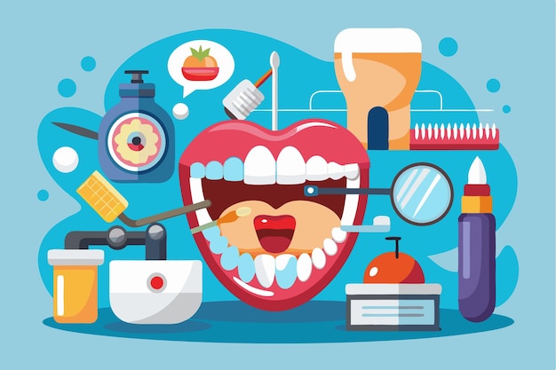 Vector this graphic showcases various dental hygiene tools and habits for maintaining oral cleanliness oral hygiene and cleanliness stomatology