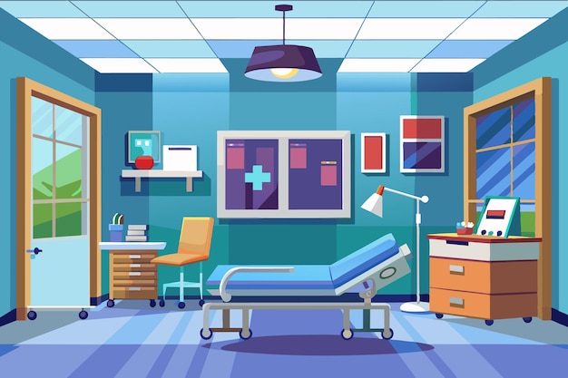 Vector this hospital examination room features a comfortable bed medical equipment and cheerful blue walls providing a welcoming atmosphere for patients and staff