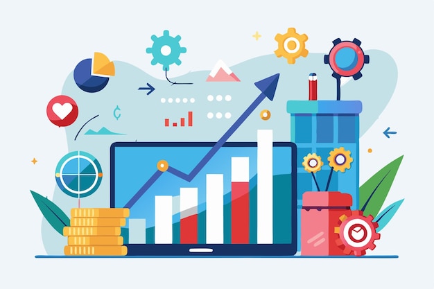 This illustration depicts trading growth data using charts gear icons and vibrant visuals to convey analysis Analyze trading growth data flat illustration