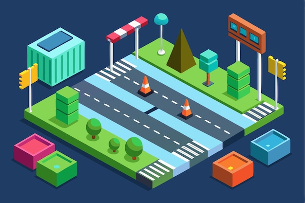 Vector this illustration features colorful isometric road elements like cones signal lights and trees set of isometric road elements