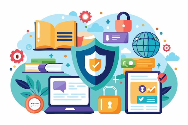 Vector this illustration features online safety elements like books locks and devices for trustworthy information trusted resources and online safety reliable sources to education