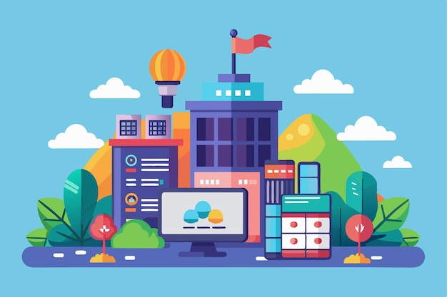 This illustration features a vibrant tech landscape with various buildings trees and a computer display Tech company Customizable Semi Flat Illustration