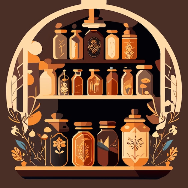 Vector this illustration showcases a charming spice rack filled with vintage jars and aromatic spices the