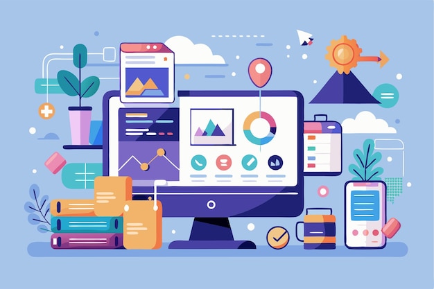 This illustration showcases a customizable digital workspace with UI UX design elements and analytics tools Customizable flat illustration with UIUX design