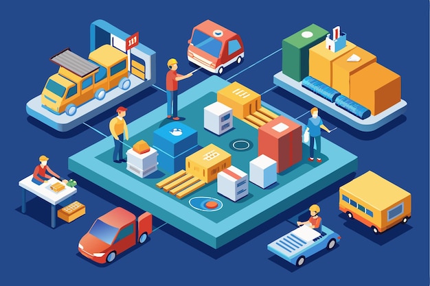 Vector this illustration shows logistics activities in a distribution center with vehicles and workers at work logistics customizable isometric illustration