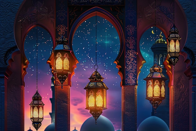 This image features a beautiful silhouette of a mosque with a full moon clearly visible in the backg