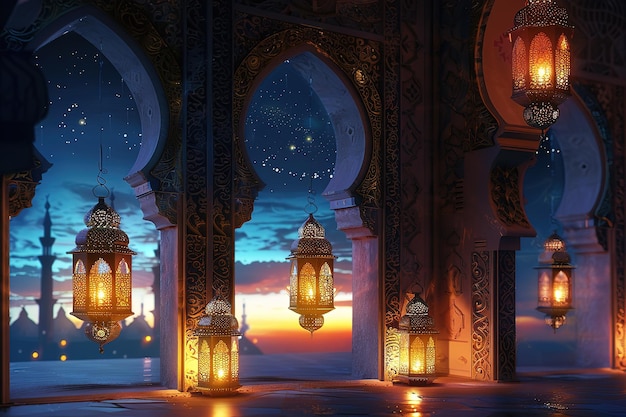 This image features a beautiful silhouette of a mosque with a full moon clearly visible in the backg