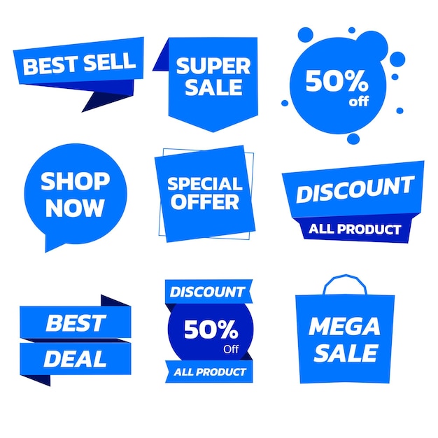 This image is a collection of sale and discount tags and banners in blue and white