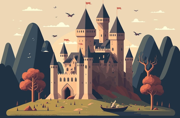 In this image you can see a fairytale castle with luxurious towers and walls The castle is distinguished by a large number of detailsGenerative AIPlants grow around the castleVector illustration