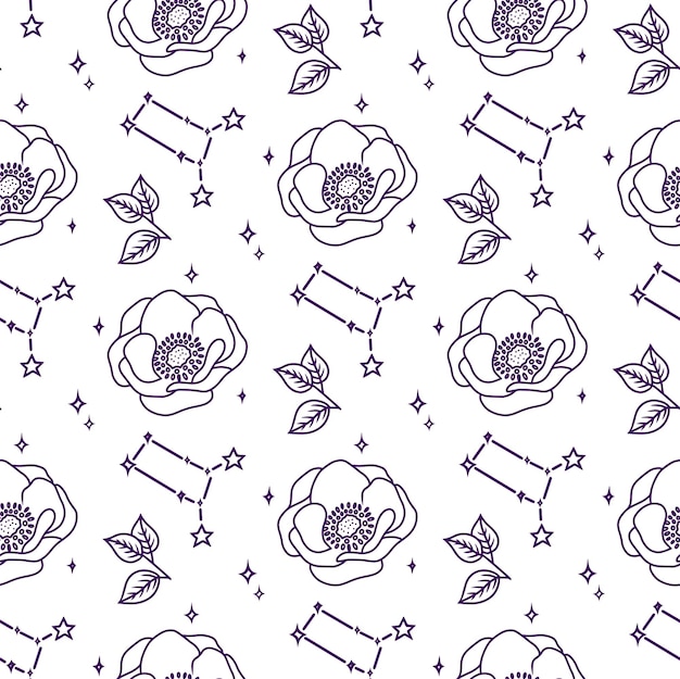 This is a seamless pattern with magic flowers and a zodiac The doodle background line art print and constellation is a vector illustration