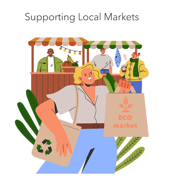 Vector this is a vibrant representation of supporting local markets by engaging in ecofriendly shopping