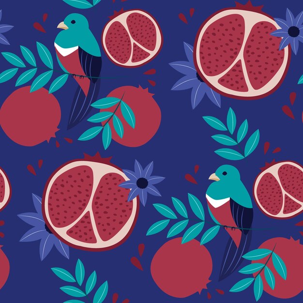 This natural seamless pattern consists of bird pomegranate and flower