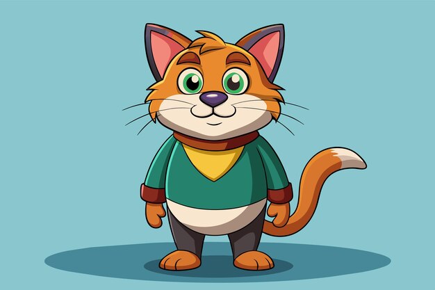 Vector this playful cartoon cat features bright green eyes and a vibrant orange coat dressed in a green sweater appealing to children and designed for animated storytelling