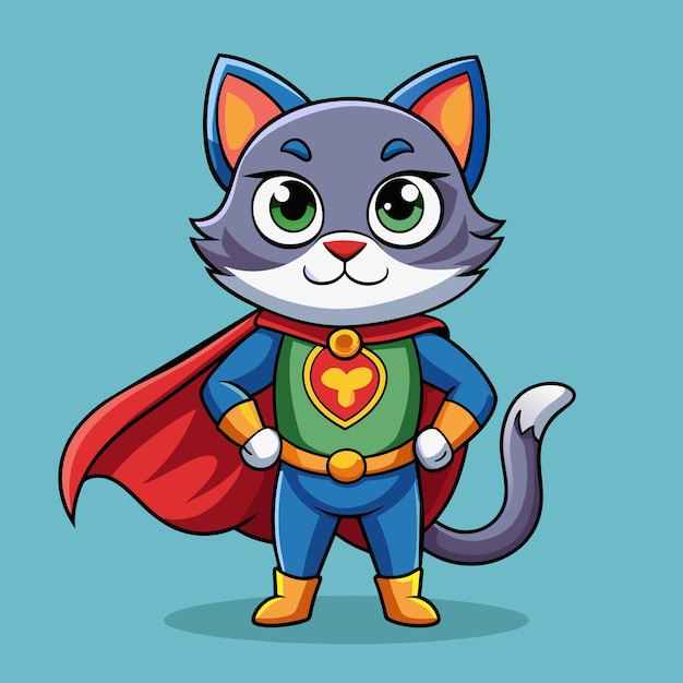 Vector this playful superhero cat dressed in a bright blue outfit with a red cape poses heroically showcasing its charming green eyes and confident demeanor