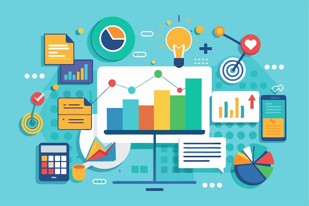 Vector this visual illustrates various business metrics and performance analysis through colorful charts and graphs business diagram analysis illustrated in a flat style