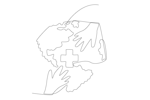 Tho hands and medical cross on the world map line art