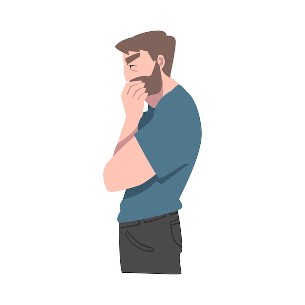 Thoughtful Bearded Man Guy with Pensive Face Expression Human Emotions and Feelings Concept Cartoon Vector Illustration