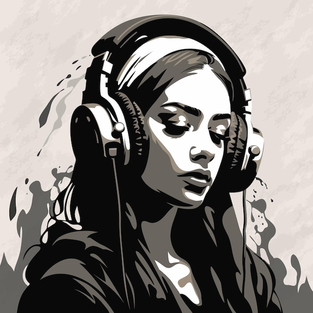 Thoughtful cute girl in headphones Image in stencil graffiti style Vector illustration