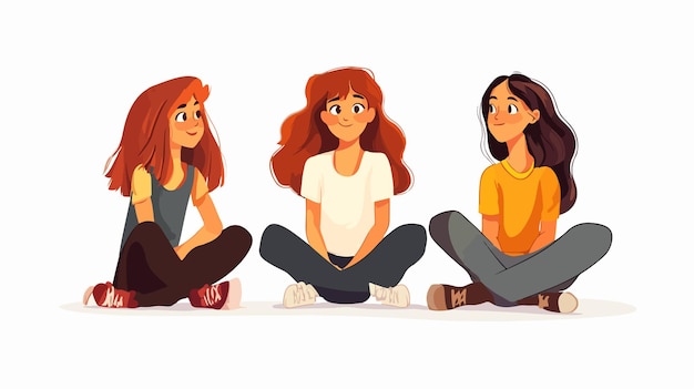 Vector thoughtful girl sitting with friends near wall group of young women having a conversation socializin