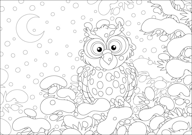 Thoughtful owl perched on a snowcovered branch of a prickly fir in a winter forest on a snowy night