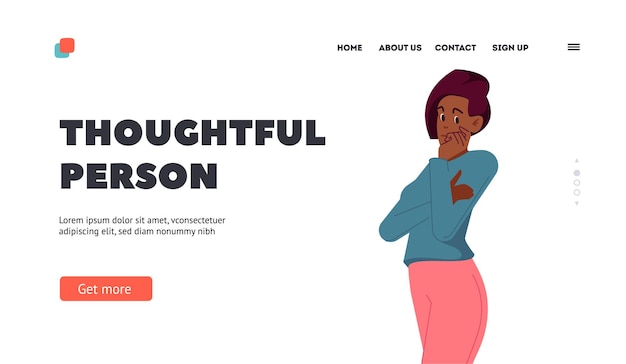 Thoughtful Person Landing Page Template Doubts and Confusion Concept with Confused Female Character Thinking