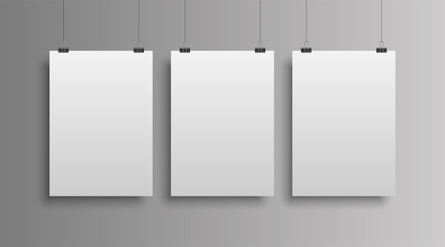 Three A4 format paper sheets hanging infront of a white wall. Hanging poster mockup. Vector illustration.