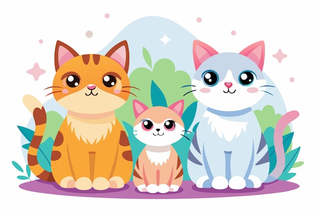 Three Adorable Cartoon Cats Sitting Together in a Garden