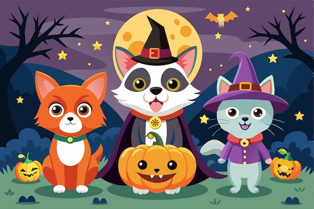 Vector three adorable pets dressed in halloween costumes celebrate the spooky season under a full moon pets with halloween costumes customizable cartoon illustration