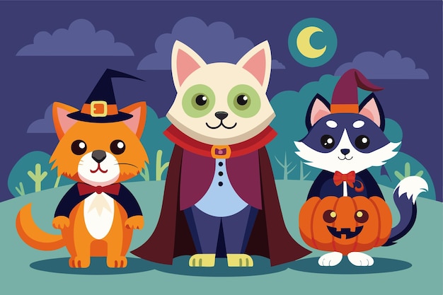 Vector three adorable pets wear halloween costumes while posing under a full moon in a charming landscape pets with halloween costumes customizable disproportionate illustration