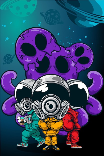 THREE ASTRONAUT WITH OCTOPUS MONSTER IN THE SPACE