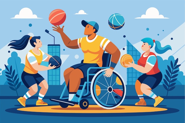 Three athletes are practicing wheelchair rugby showcasing teamwork and skill in an urban environment Wheelchair rugby Customizable Flat Illustration