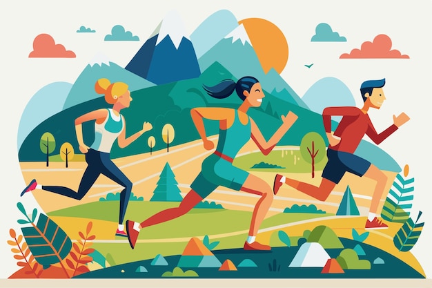 Three athletes run together through a vibrant landscape with mountains and trees under a sunny sky Customizable flat illustration of a cross country race