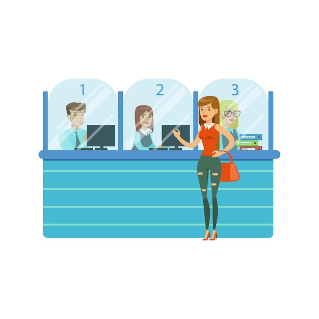 Three Bank Operators In Glass Cubicles And Woman Client Bank Service Account Management And Financial Affairs Themed Vector Illustration