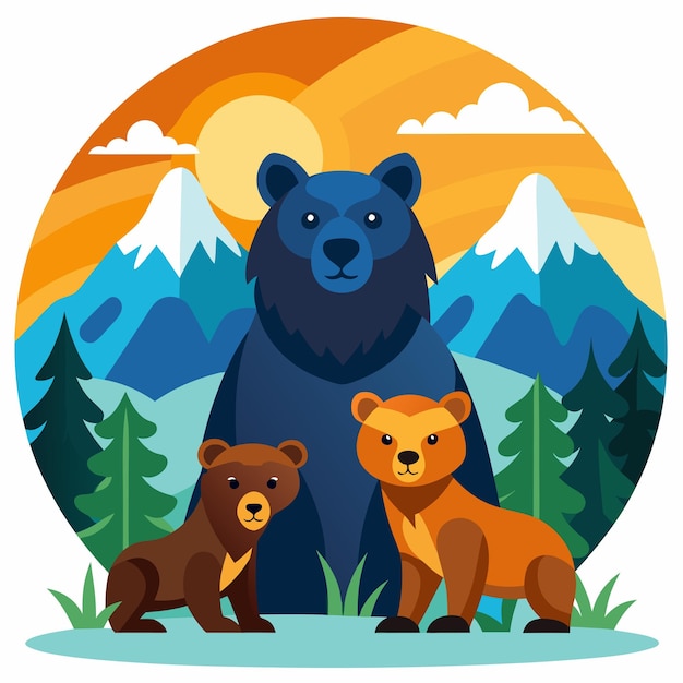 Three Bears in a Mountainous Landscape with Sunset