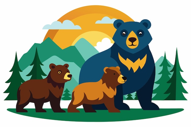 Vector three bears standing in a forest with a sunset