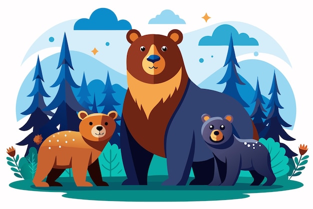 Vector three bears standing together in a forest setting