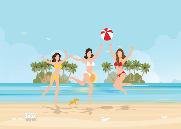 Three bikini woman jumping with ball on beach.