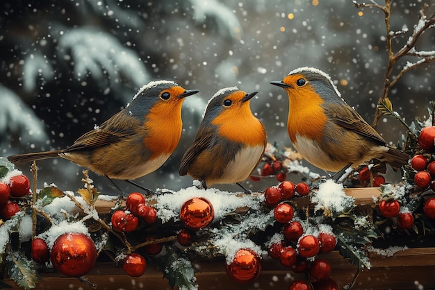 three birds are sitting on a branch with red berries