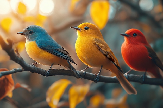 three birds on a branch with yellow leaves in the background