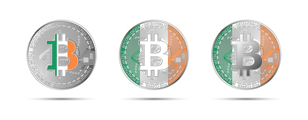 Three Bitcoin crypto coins with the flag of Ireland Money of the future Modern cryptocurrency vector illustration