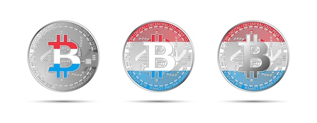 Three Bitcoin crypto coins with the flag of Luxembourg Money of the future Modern cryptocurrency vector illustration