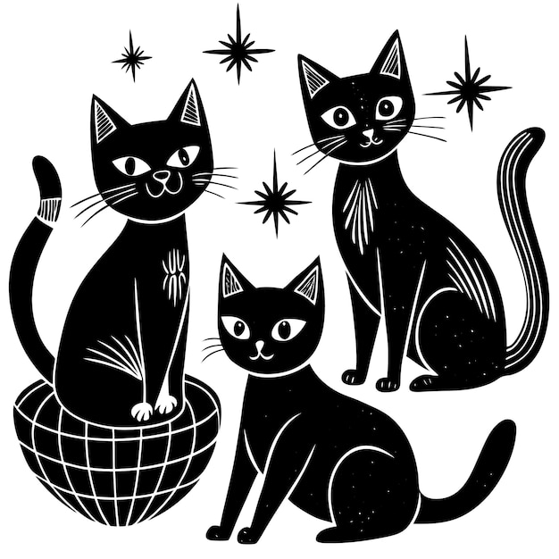 Vector three black cats with stars cute and simple design