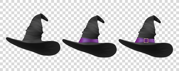 Three Black Hats Vector 3d Realistic Cartoon Halloween Witch Hat Icon Set Closeup Isolated Front View Design Template of Witches Hat Autumn Holidays Halloween Concept